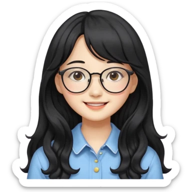 Please generate a portrait of a pretty girl with long, wavy, black hair. She's smiling. She also wears a middle parting and bangs. with glasses pink wonyoungsim from ive fom kpop group sticker