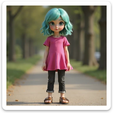 a realistic girl with teal hair, wearing a hot pink dress, black jeans, and brown birkenstocks, outdoors, photorealistic sticker