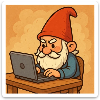 a gnome sitting at a laptop, working diligently, in a whimsical cartoon style sticker