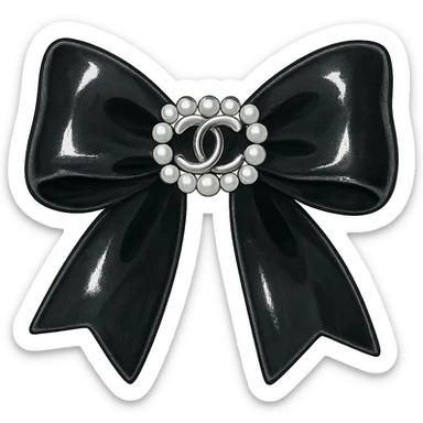 elegant bow with pearls and silver Chanel logo, glossy, black and white sticker