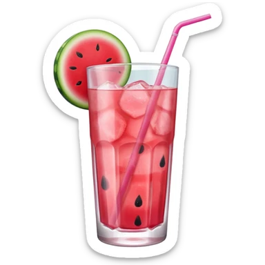 pink soft drink with a watermelon chunk on the rim of glass sticker