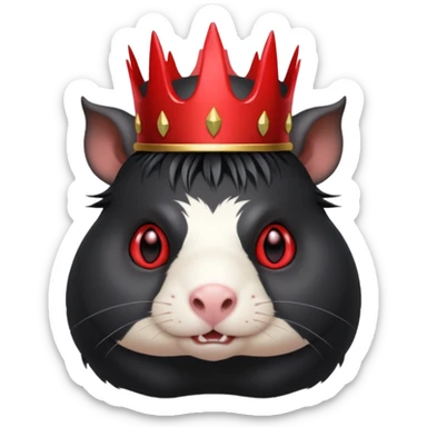 black guinea pig with red eyes, looking evil, wearing a demon crown sticker