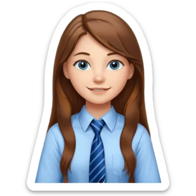 high school class room with a pretty female high school student with long brown hair, blue eyes, wearing a tie, sitting in front of the blackboard sticker