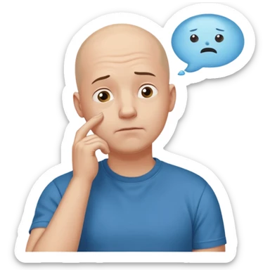 bald man with t-shirt, doubting face, hand on chin looking up, thought bubble sticker