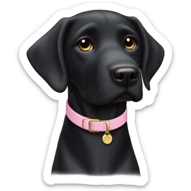 a black lab with one ear up and one ear down and it’s wearing a light pink collar sticker