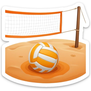 The scene captures a sunny beach atmosphere with clear blue sea and sky, palm trees swaying, and people in swimsuits enjoying the vibrant surroundings. A volleyball resting on the orange sand ground of a beach, with a volleyball net in the background.  sticker