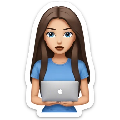 Glamours tanned very beautiful girl with big pump lips and dark chocolate straight smooth long hair, blue-grey eyes in brown/beige short sleeves clothing with MacBook sticker
