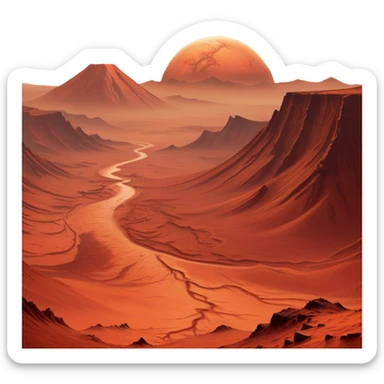 🔥 Cinematic Realistic Mars – A striking, high-resolution image of the Red Planet, featuring its iconic rust-colored terrain, deep canyons, and towering volcanoes. Swirling dust storms can be seen in the thin Martian atmosphere, with sunlight casting long shadows over its desolate, rocky landscape. sticker