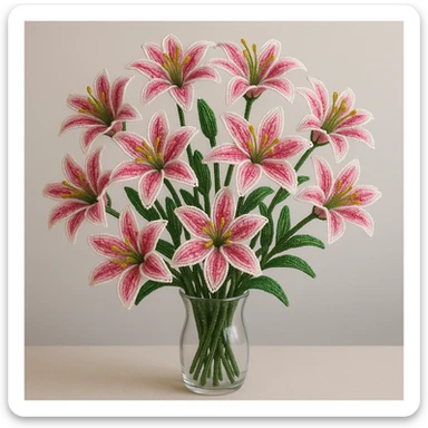 french beaded pink stargazer lilies, a dozen flowers in a clear vase, detailed beadwork, pink and white petals, lush green stems, elegant and lifelike sticker