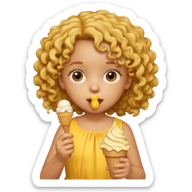 a little girl kid with curly hair, yellow dress, eat ice cream sticker