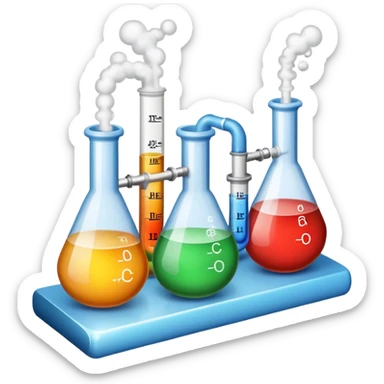 An icon featuring chemical flasks with tubes, representing hydrolysis, along with liquids, powders, and chemical formulas. The design includes molecules and reaction symbols, symbolizing the study of chemical processes and compounds. Transparent background highlights the science of reactions. sticker