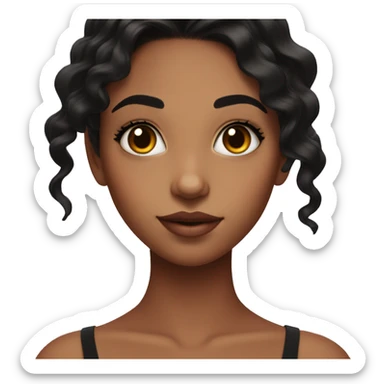 girl with wavy black hair, medium length lashes. Beauty spot above right eyebrow sticker