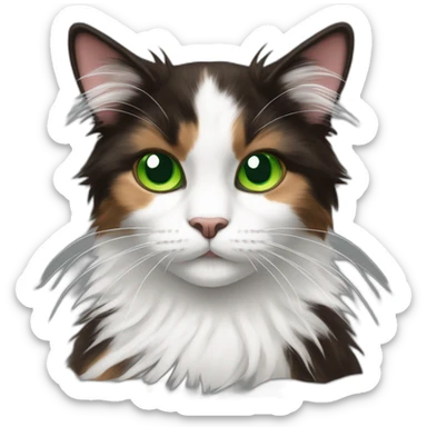 longhaired dark brown and white calico cat with green eyes with colourful fluff ball sticker