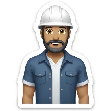 An engineer wearing light blue blouse and dark navy jeans and brown shoes and white helmet and white skin and black beard sticker