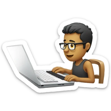 A guy typing keyboard looking a side of laptop  sticker