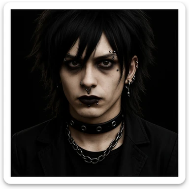 Add facial piercings including eyebrow, lip, and ear piercings to the Vkei style boy with medium long black hair, emo, shaggy hairstyle, and a dark, creepy expression. Maintain the overall dark and edgy vibe of the character. sticker