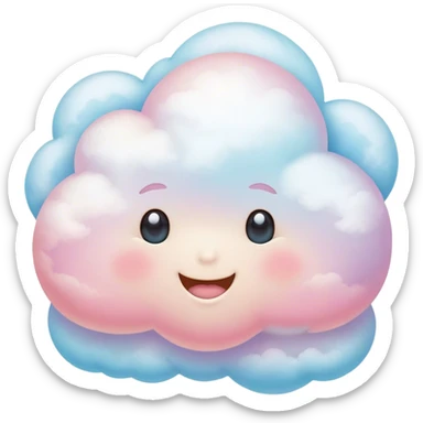 Cinematic round pastel cloud, soft puffy texture, gentle glowing edges, tiny happy face with blushing cheeks, floating in a dreamy sky, warm and magical. sticker