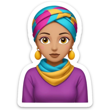 tanned skin woman with a colorful headscarf, makeup, and a long sleeve shirt covering shoulders and arms, emoji style sticker