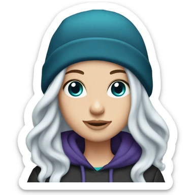White girl, blue eyes, long teal hair, purple beanie hat, black hoodie, blue jeans, black shoes sticker