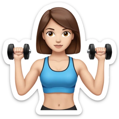 mulher morena clara com cabelos castanhos, segurando dois halteres nas mãos sticker
