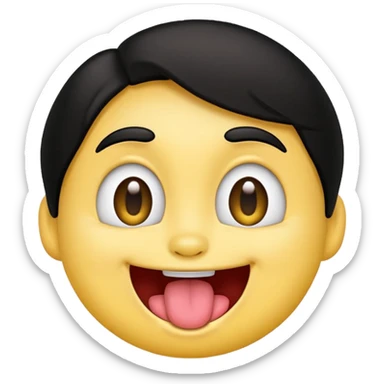 yellow face emoji smiling with huge tongue out and eyes wide open. Tongue should have the effect of wagging back and forth. Give him a head of black hair sticker