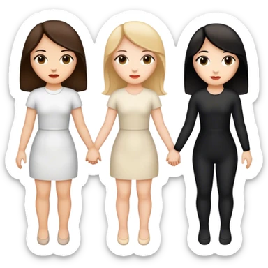 Three women holding hands side by side, all white, one with dark blonde hair, one with black hair, and one with dark brown hair sticker