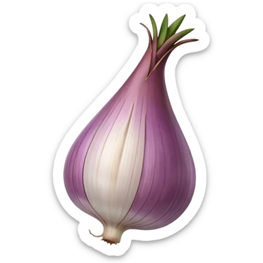 single shallot, unpeeled, teardrop, bulbous base, tapered top, papery skin, mauve or copper, striations, glossy, dried stem, root strands, 3D-rendered, minimal, no faces, transparent background sticker