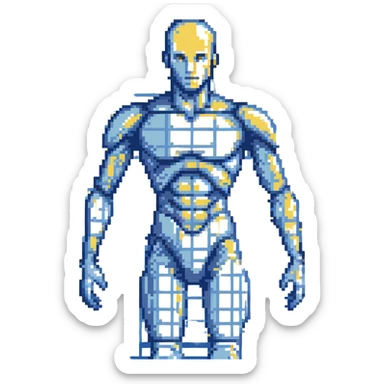 Digital body scan with blue grid overlay, medical technology, full human figure sticker