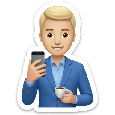 Confident and outgoing male entrepreneur, Caucasian features, blonde hair, big friendly smile, expressive eyes, defined eyebrows, wearing a blue blazer over a light blue shirt, holding a smartphone in one hand and a coffee cup in the other, waist-up, front-facing sticker