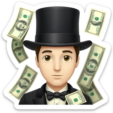 man wearing a tophat full of dollar bills sticker