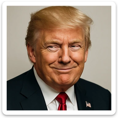 Increase contrast slightly for a more vivid look while keeping the very sly, cunning expression on Donald Trump's face, photorealistic quality, and plain background. The style is photorealistic. sticker