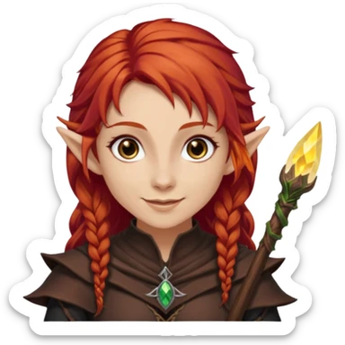 Bruxa meio elfa, ruivo forte (acobreado puxado pro castanho escuro) olhos escuros, e sorrindo 🧝🏻‍♀️ nesaa pegada desse emoji ai, e branca não muito branca tbm sticker