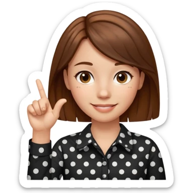 girl wearing a  black polka dots  shirt style, and poiting witgh her hand, her hair brown  sticker