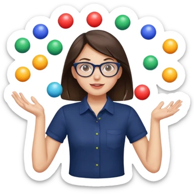 a brunette girl in a navy shirt wearing glasses is  juggling 5 multicolored balls with two hands  sticker