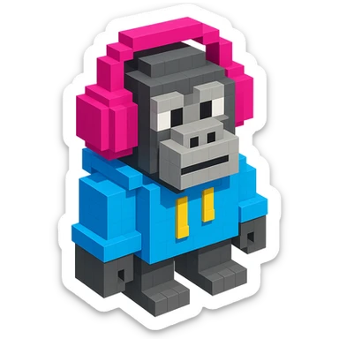 voxel style gorilla with headphones, wearing a hoodie, isometric view sticker