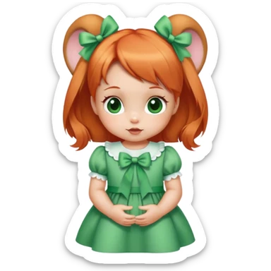 baby girl with  1 bunns bow   red blond mix hair  in green dress  sticker