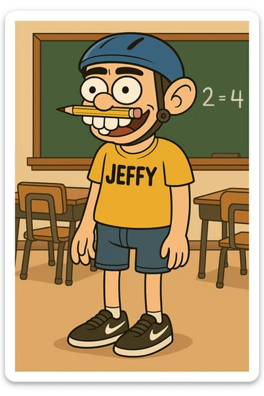 Add a playful classroom background with a chalkboard and desks, keeping the cartoon style consistent with flat toon style. sticker