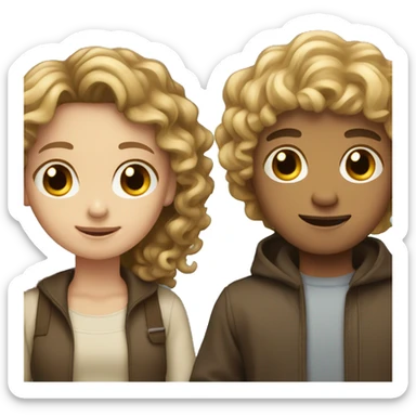 brunette girl with blonde boy with curly hair holding her sticker