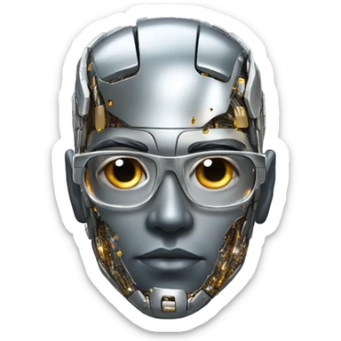 Male cyborg head with metallic skin, flat top, rectangular glasses and circuits sticker