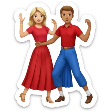 Two people dancing. Man in red shirt and  red pants with brown hair. Women in blue shirt and long skirt with blond hair. sticker