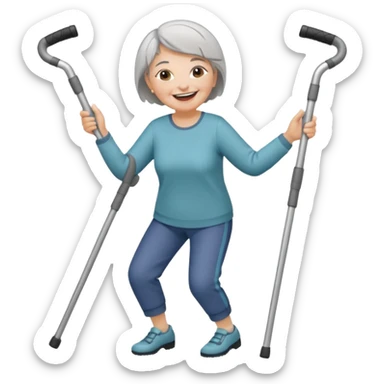 senior woman with pants, short grey hair, laughing and dancing th crutches sticker