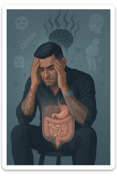 a person sits with a troubled expression, holding their head in their hands. A transparent overlay on their body reveals stylized images of parasites in the digestive tract, while faint, shadowy tendrils extend upward toward the brain, symbolizing the psychological impact. The background is clinical and educational, with subtle icons representing both physical and mental symptoms. sticker