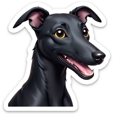 Cinematic Comical Black Greyhound Portrait Emoji, Head tilted dramatically with an exaggeratedly amused expression, featuring a glossy jet-black Fur and wide, expressive dark eyes filled with playful disbelief, Simplified yet hilariously expressive features, highly detailed, glowing with a slightly sassy glow, high shine, dramatic yet playful, stylized with an air of cheeky mischief, bright and endearing, soft glowing outline, capturing the essence of a spirited and over-the-top racer, so meme-worthy it feels like it could side-eye its way into internet fame instantly! sticker