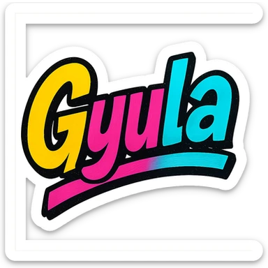 The name 'Gyula' in a modern, colorful gradient font with a dark outline, dynamic style with slanted or partial underline, in the style of reference patterns. sticker