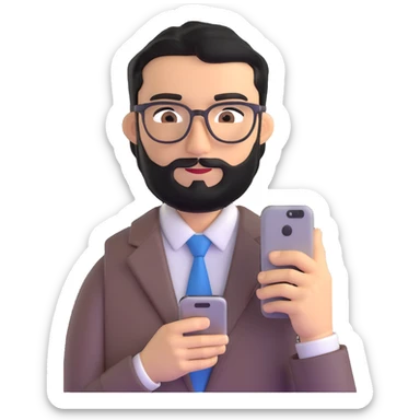 professional man with medium black beard, neat black hair, connected unibrow, olive tan skin, brown eyes, glasses, prominent nose, wearing business casual attire, holding a smartphone in hand sticker