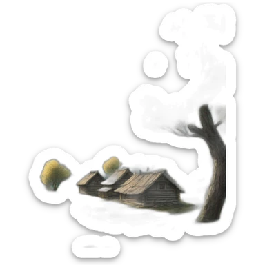 Russian-village-clouds-sunlight,tenderness, ink drawing sticker