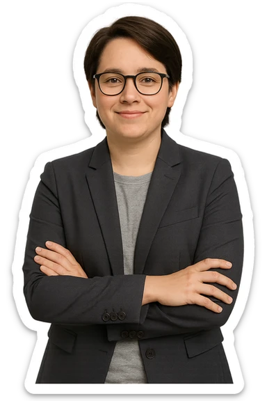 gender neutral marketer with glasses, standing with arms crossed, wearing a blazer, approachable look, simple background sticker