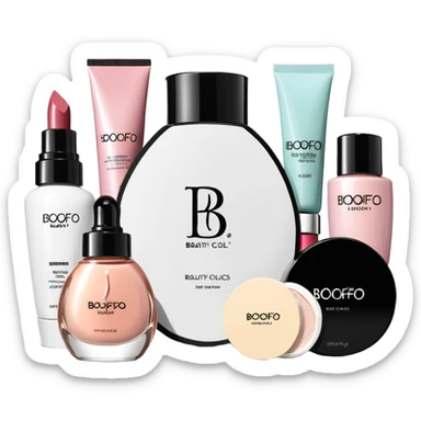 Gift bag with beauty products (shampoo, creams, styling products), a gift bag is beautyful open box full of luxury brand-labeled beauty products sticker