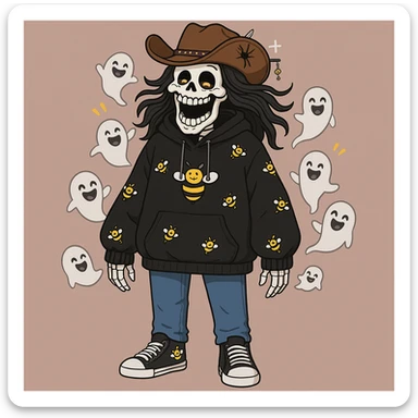 Make the skeleton laugh even more with a wide open mouth and joyful expression. Keep the bee-themed black oversized hoodie, long black ponytail, black cowboy hat with spider keychain, blue jeans, black and white tennis shoes, and small laughing ghosts around him. Preserve the overall style and background as in the original image. sticker