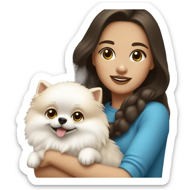 Brunette girl with light skin and blue eyes holding a white pomeranian  sticker